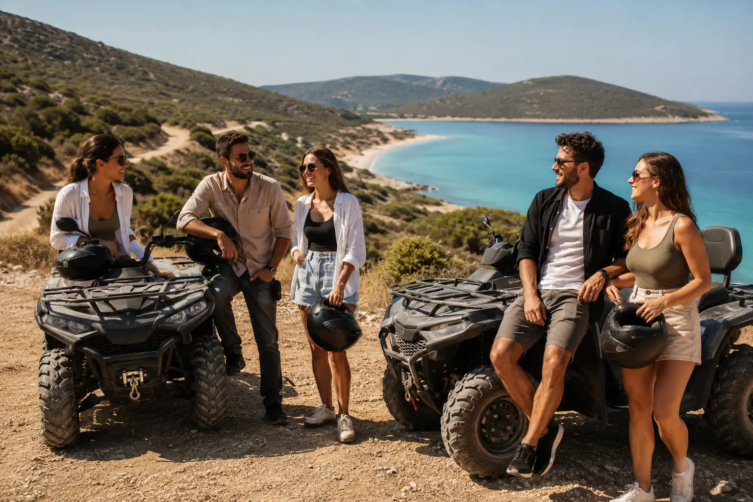Paare und Freunde bei einer gemeinsamen ATV Tour in Çeşme